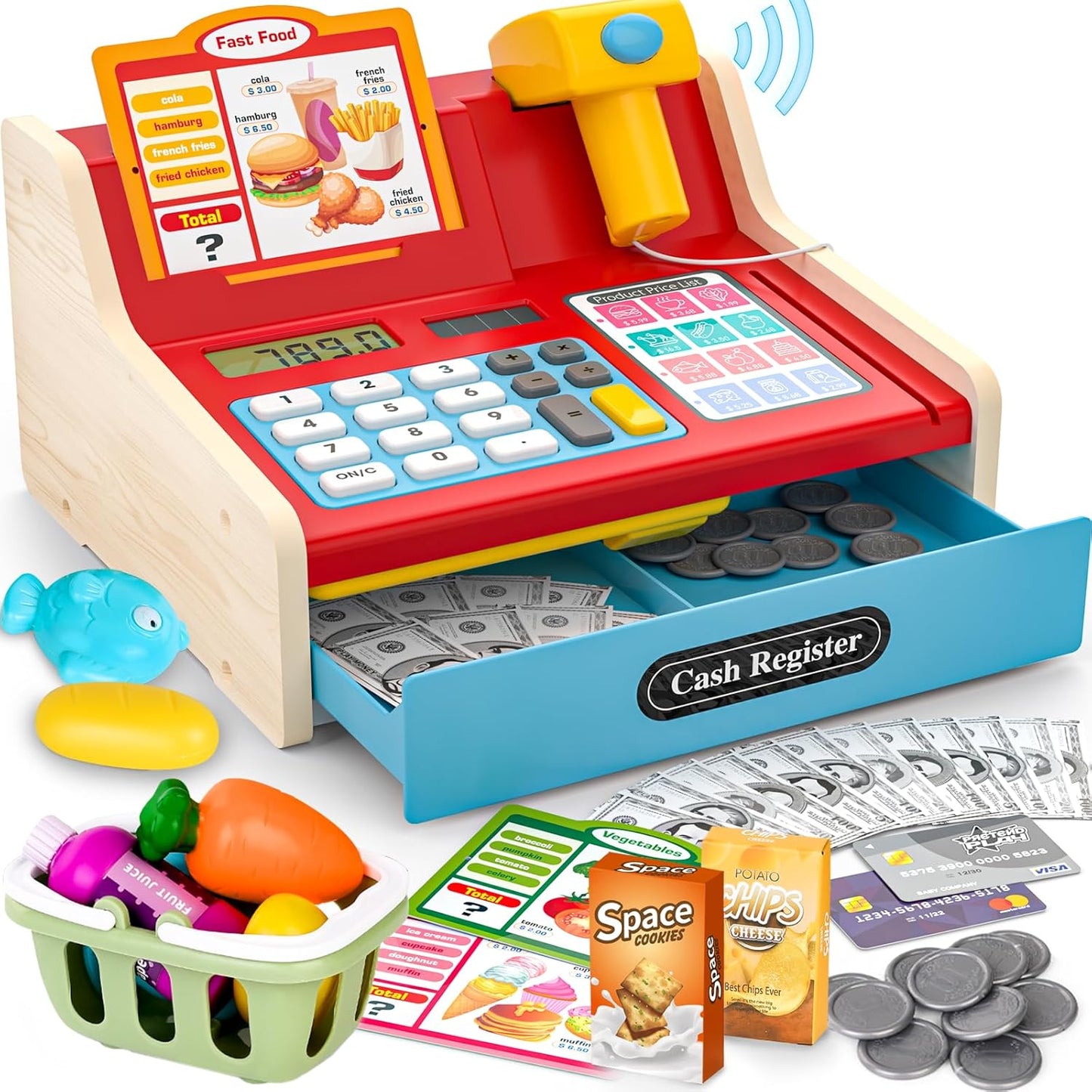 Kids Cash Register Toy Playset, Toddler Prentend Play Store with Real Calculator Cash Register with Scanner/Credit Card/Play Money/Food, Learning Toys for Boys Girls Toddlers(Pink)