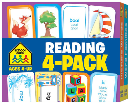 School Zone Reading 4-Pack Flash Cards: 224 Cards, Preschool, Kindergarten, 1st Grade, Sight Words, Phonics Made Easy, Word Families, Picture Words, High-Frequency Words, Beginning Reading, Rhyming, Ages 4+