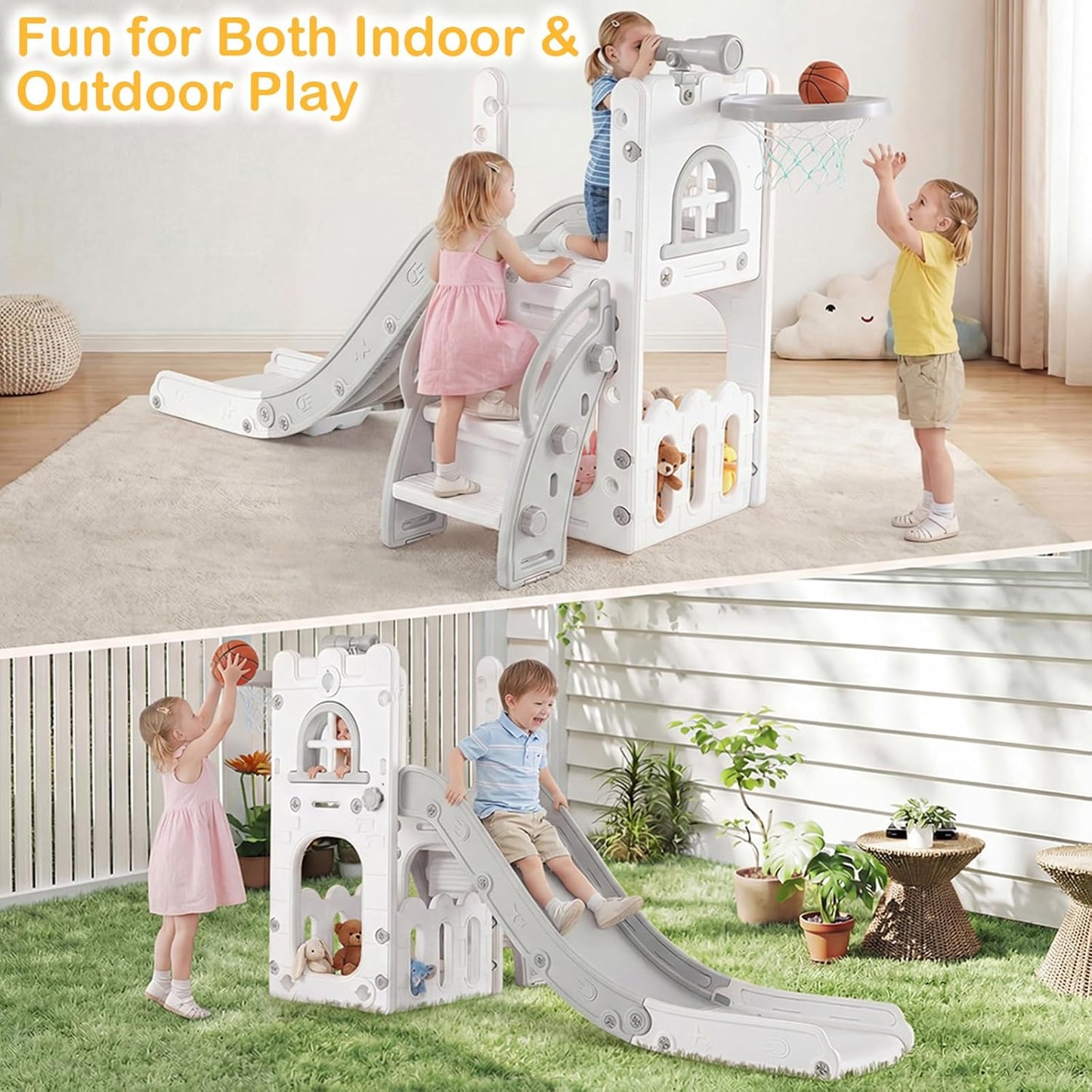 OLAKIDS Toddler Slide and Swing Set, 7 in 1 Kids Indoor Outdoor Playground with Climber Basketball Hoop Telescope Toy Storage for Boys Girls Aged 1+ (Grey)