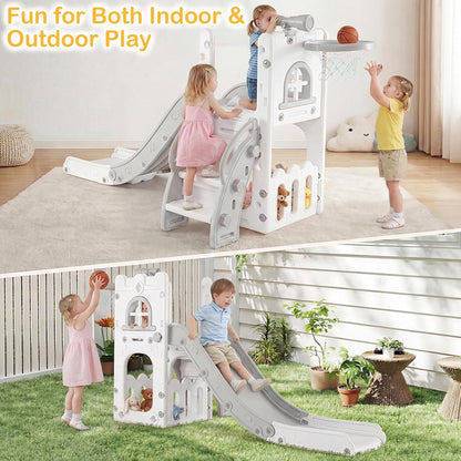 OLAKIDS Toddler Slide and Swing Set, 7 in 1 Kids Indoor Outdoor Playground with Climber Basketball Hoop Telescope Toy Storage for Boys Girls Aged 1+ (Grey)
