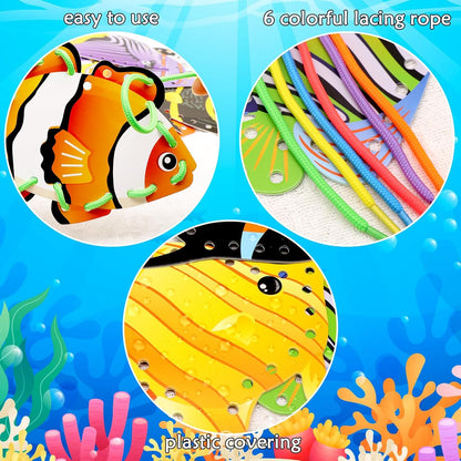 Tropical Fish Lacing Cards for Kids 12 Pack Ocean Fish Sea Animals Double Sided Cards Sewing Games Ocean Theme Party Decorations for Home Developing Imagination Education Supplies
