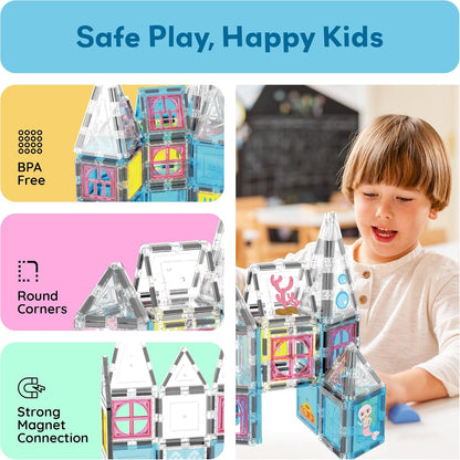 PicassoTiles Magnetic Tiles Magnet Tile Building Blocks Marine Animal World Themed Set with 8 Ocean Character Action Figures STEM Learning Toy Construction Toddlers Boys Girls Ages 3+ PTQ25