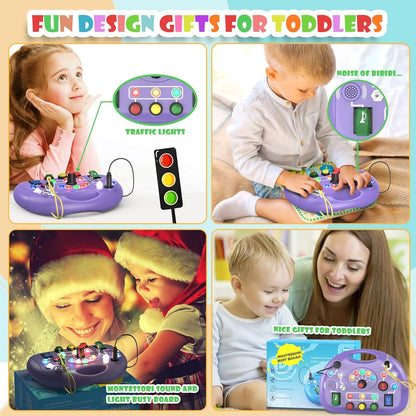 Montessori Busy Board with LED Light for Toddlers 2-4 Year Old, Sensory Toys with Sounds & Switches, Car Driving Travel Toys for Kids, Preschool Busy Book Boy and Girls Birthday Gifts (Pink)