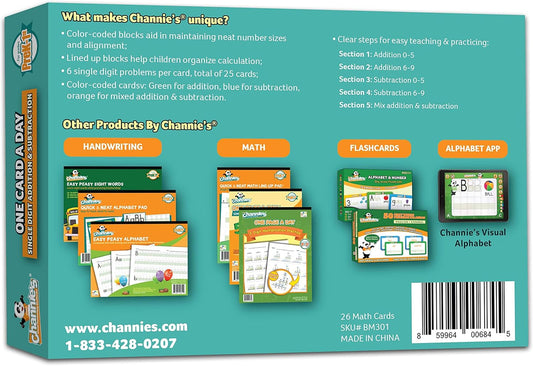 Channie’s One Card a Day Single Digit Addition and Subtraction Flash Cards, 34 Dry Erase Pre K - 1st Grade Math Flashcards for Kids, 312 Problems, Fun & Easy to Follow
