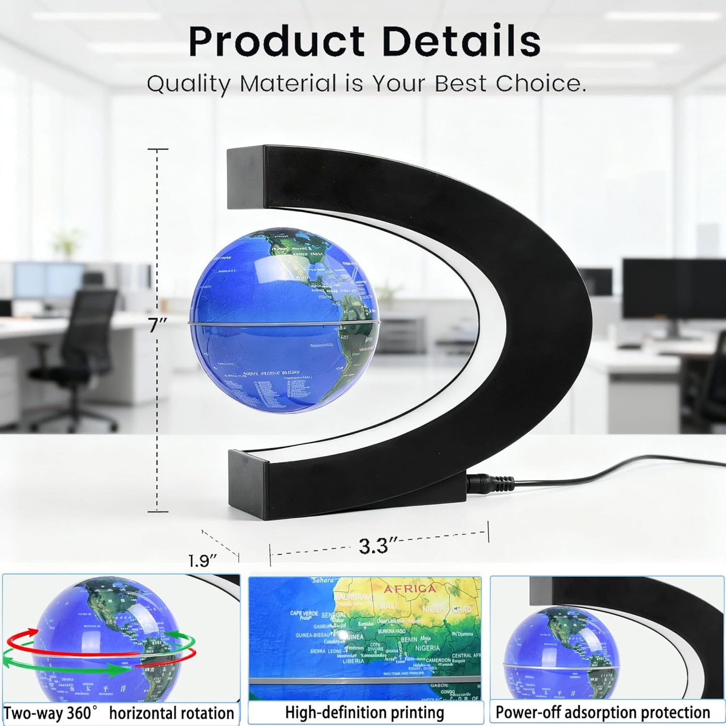 Magnetic Levitation Floating Rotating World Globe with LED Light - C Shape Anti Gravity Levitating Globe for Desk Office Decor, STEM Educational Map, Unique Tech Gift for Men Kids Boss, 3.5 Inches