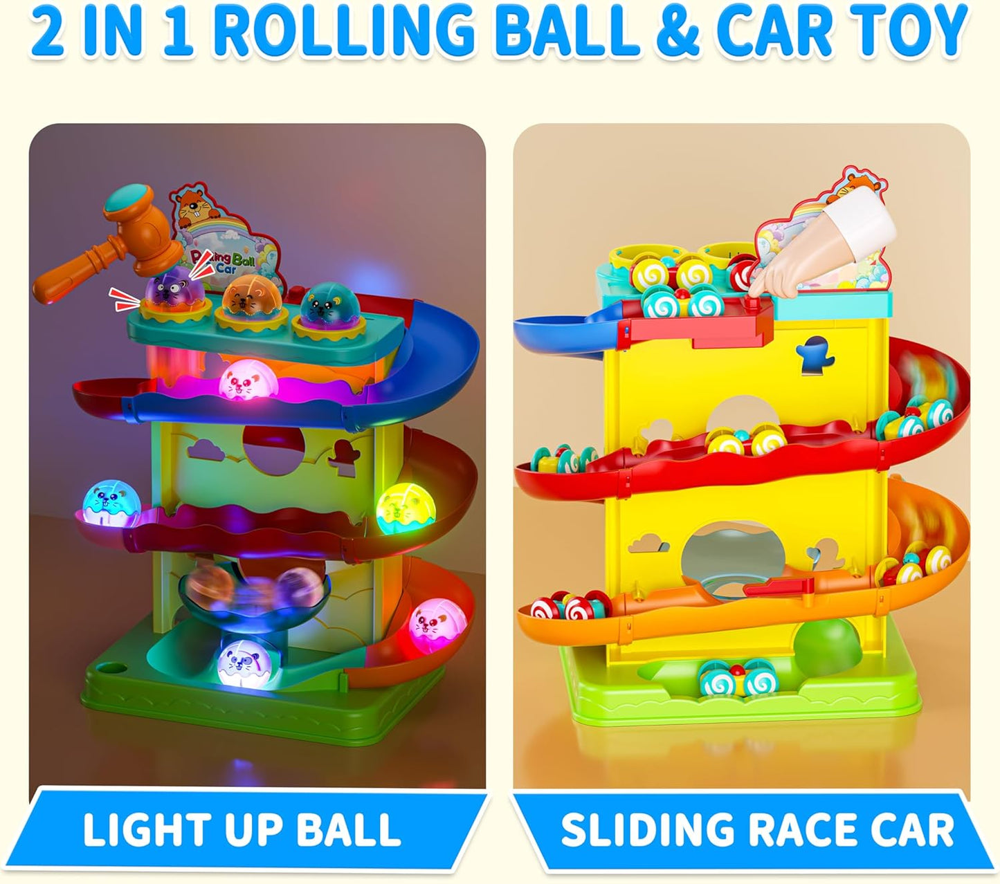 Funwee 2-in-1 Light Up Rolling Ball & Racing Car Ramp Toddler Toy, Race Track Hammer Ball Drop Toys, Interactive Montessori Learning Game for Kids 1-5+ Year Old Girl Boy Gift(Pink)