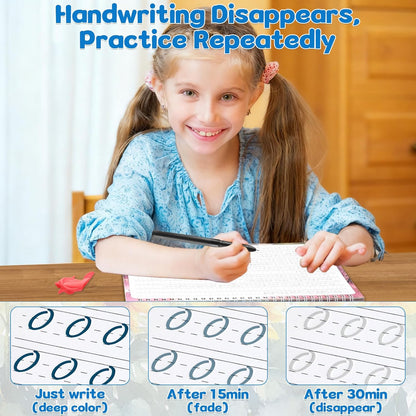 chiazllta 4 Pack Grooved Cursive Handwriting Practice Kit with Disappearing Ink Pens Magic Reusable Grooved Cursive Writing Workbooks Copybook for Beginners Kids (Words&Sentence&Reading&Letters)