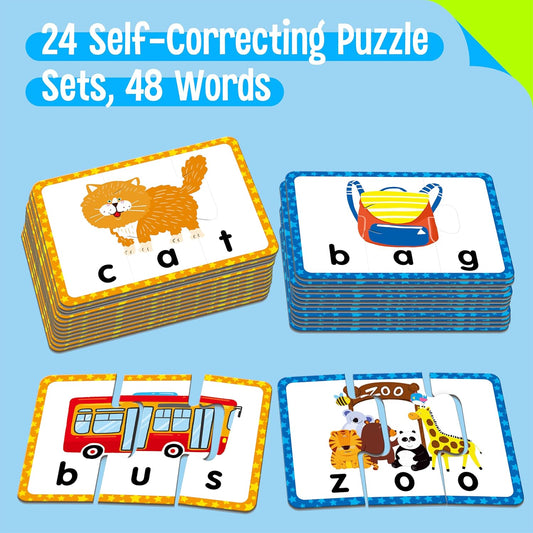 72 Word Spelling Puzzles with Error-Correction Mechanism in 3 Pieces, Perfect for Preschool Learning (36 Block Double Sided)