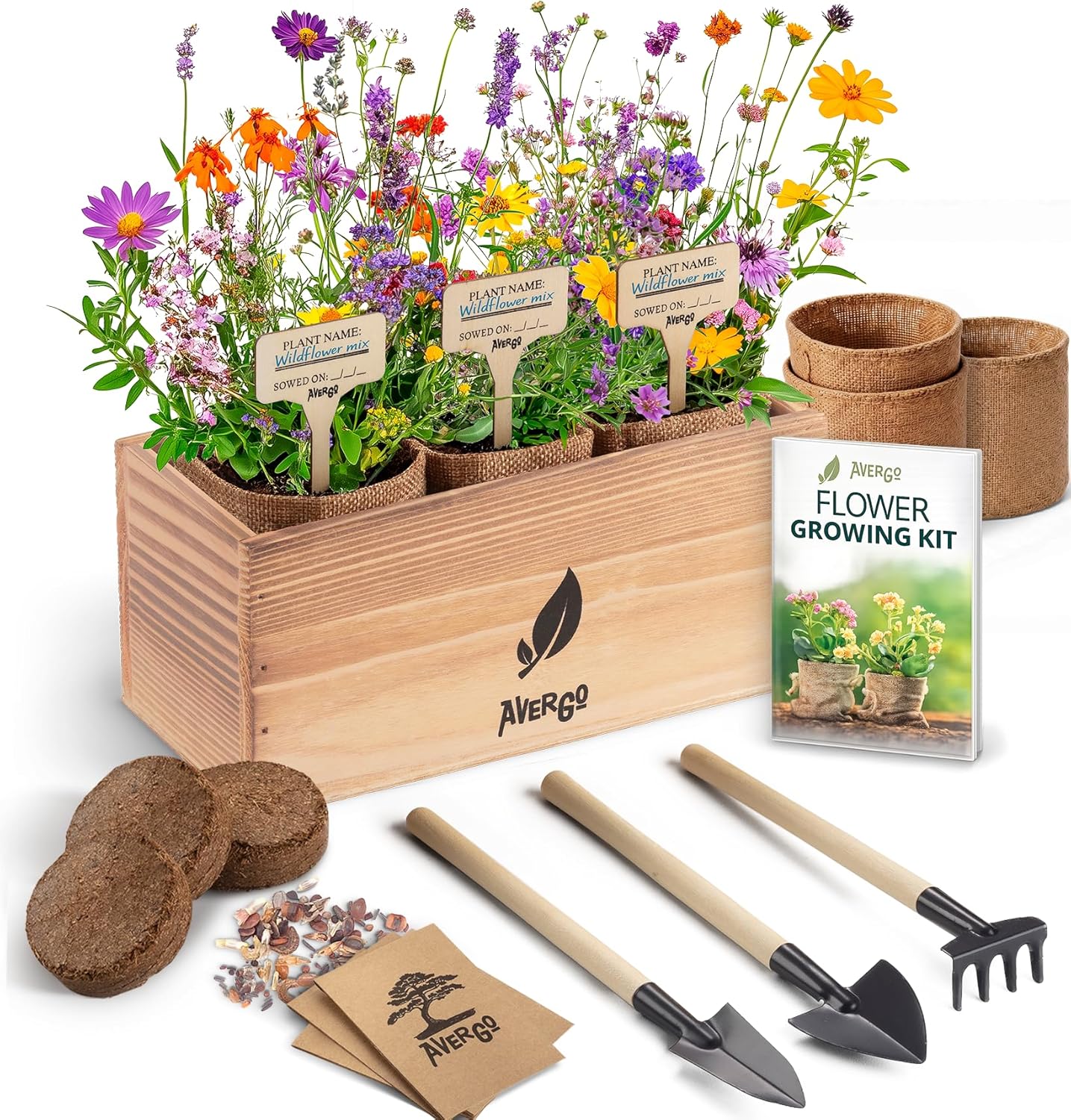 AVERGO Wildflower Seed Mix Growing Kit - Includes Perennial & Annual Wild Flowers, Burlap Planters, Soil, Wooden Box, and Gardening Tools for Indoor Garden and Patio Planting