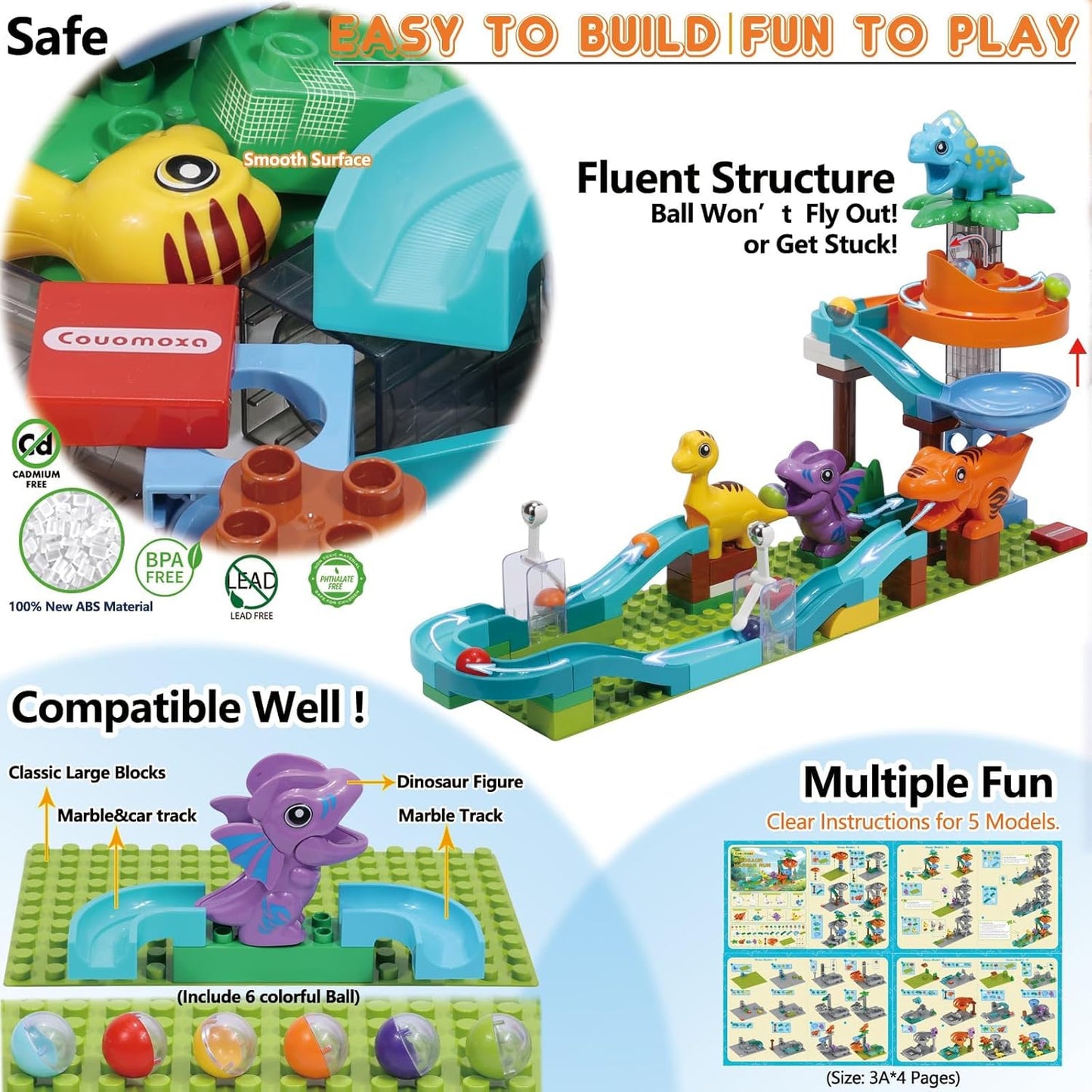 Dinosaur Marble Run Building for Kids: 3 4 5 6 7 8 Years Old Kids Dinosaur Building Blocks Toys - Preschool Montessori Game Compatible with Major Brands for Boys Girls