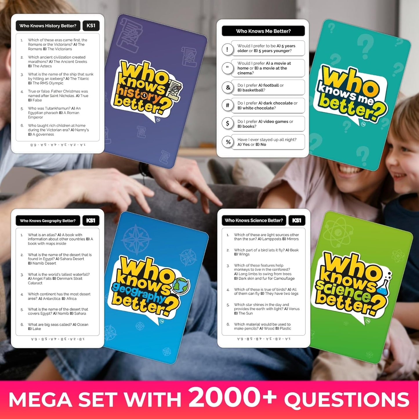 QUOKKA Board Games for Kids 8-12 and Family - Set of 4 Who Knows It Better? - 2000+ Questions Across Biology, Culture, STEM and Math - Educational Trivia Cards for Learning and Game Night