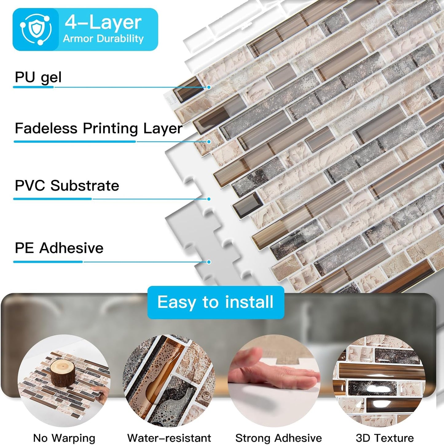 Art3d 10-Sheet Heavy-Duty Peel and Stick Backsplash, Waterproof Wall Tiles Stick on Kitchen Backsplash Living Space, Carrara Grey