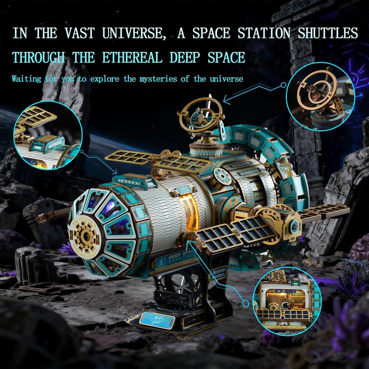 3D Wooden Puzzles for Adults - Space Station Mechanical Model Kit with Lights & Music, 511PCS Adult Wooden Puzzles, DIY Building Toy for Teen & Adults, Miniature House Kit for Birthday Father's Day