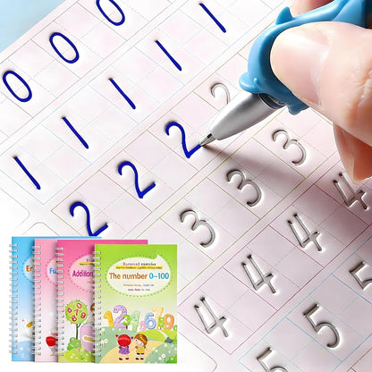 Handwriting Practice Book for Kids, 4 Pack Magic Grooved Writing Practice with Pen, Reusable Tracing Workbook with Numbers & Letters, Gift for Early Education Preschool Learning Activities