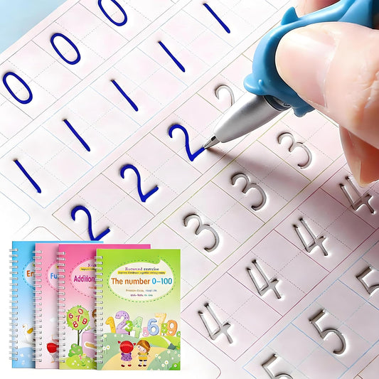 Handwriting Practice Book for Kids, 4 Pack Magic Grooved Writing Practice with Pen, Reusable Tracing Workbook with Numbers & Letters, Gift for Early Education Preschool Learning Activities