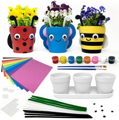 Pinwheel Crafts Flower Pot Painting Kit – Paint Your Own Kids Gardening Set with Seeds, Soil, 8 Paints, 2 Brushes & 3 Pots, DIY Plant Growing Kit for Kids Ages 8-12+, Kid Gardening Set