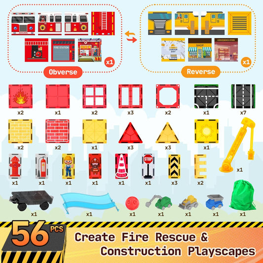 Magnetic Tiles for Kids Ages 4-8, Magnetic Blocks with Construction, Fire Fighting, Road, Engineering, Crane and Truck Themes, Magnet Toys Classroom Travel STEM Birthday Gifts for Boys