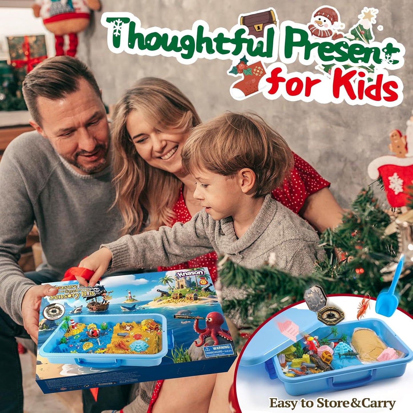 KNASON Pirate Treasure Chest Sensory Bin,Play Sand Kit for Boys with Pirate Accessories,2.2lbs Sand,Glow in The Dark Gems and Map,Pretend Play Adventure Sensory Toys for Toddlers Kids Ages 3 4 5 6 7 8
