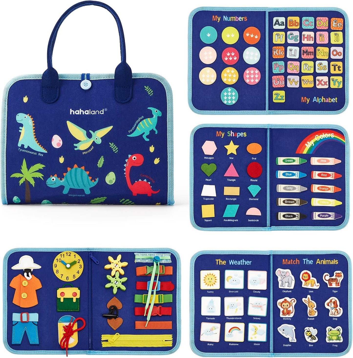 hahaland Busy Board for Toddlers - Montessori Toys Preschool Learning Activities with Life Skills, Alphabet, Number, Shape, Color, Animal, Weather - Toddler Boy Learning Educational Toys, Travel Toys
