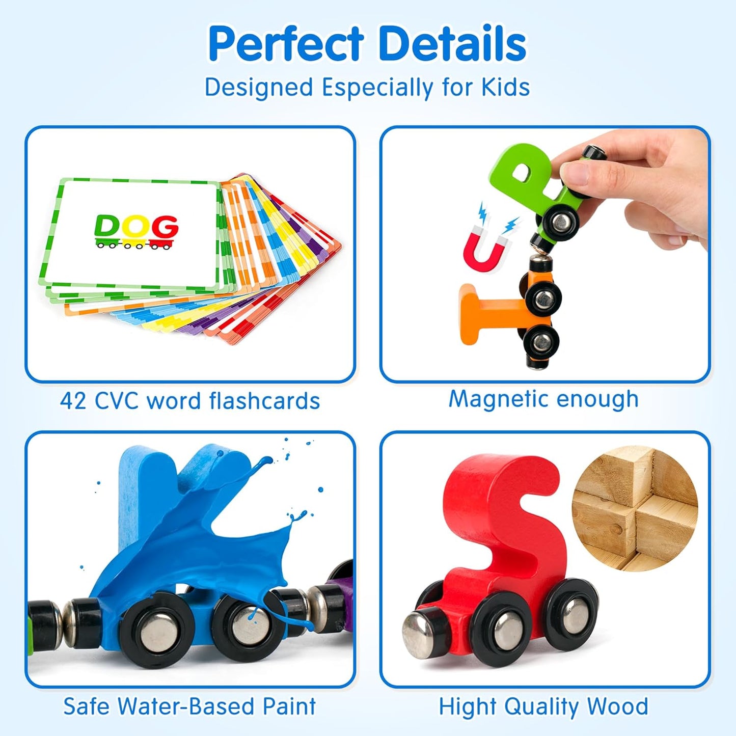 Helsort 27 PCS Magnetic Wooden Alphabet Train Set, ABC Learning Toy with 42 Flash Cards, 1 Engine and Storage Bag, Educational Letter Toy Trains for Toddlers, Boys Girls, Ideal Gift for 3-7 Year Olds