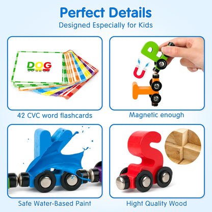 Helsort 27 PCS Magnetic Wooden Alphabet Train Set, ABC Learning Toy with 42 Flash Cards, 1 Engine and Storage Bag, Educational Letter Toy Trains for Toddlers, Boys Girls, Ideal Gift for 3-7 Year Olds