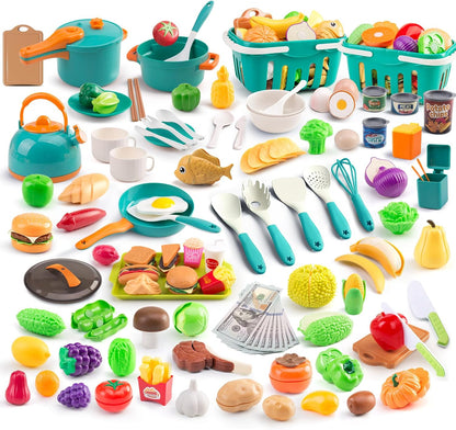 60Pcs Kids Mini Play Kitchen Accessories, Pretend Cooking Play Set with Cookware, Tableware & Fruit & BBQ Sets, Learning Gift for Boys, Girls, Toddlers,Yellow