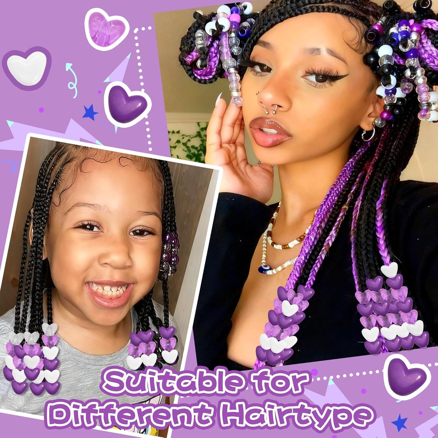 88PCS Pink White Hair Beads for Braids Lovely Heart Shape Loc Dreadlock Valentine's Day Bead Accessories Cute Acrylic Small Pony Beads for Kids Girls