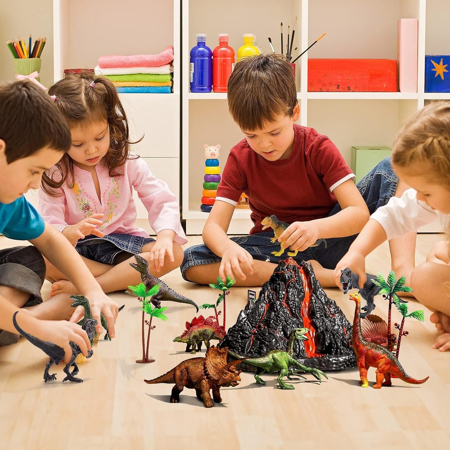Large Volcano Set with 9 Realistic Dinosaur Action Figures for Kids 2 3 4 5 6 8 10 Years, Simulated Volcanic Eruptions w/Sounds, Volcano Can Store Dinos, Gift for Toddlers Boys & Girls