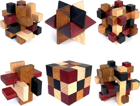 Wooden Brain Teaser Puzzles 6 Pack - 3D Brain Teasers for Adults & Kids - Educational and Fun Gift Ideas - Mind Puzzles by LMC Products
