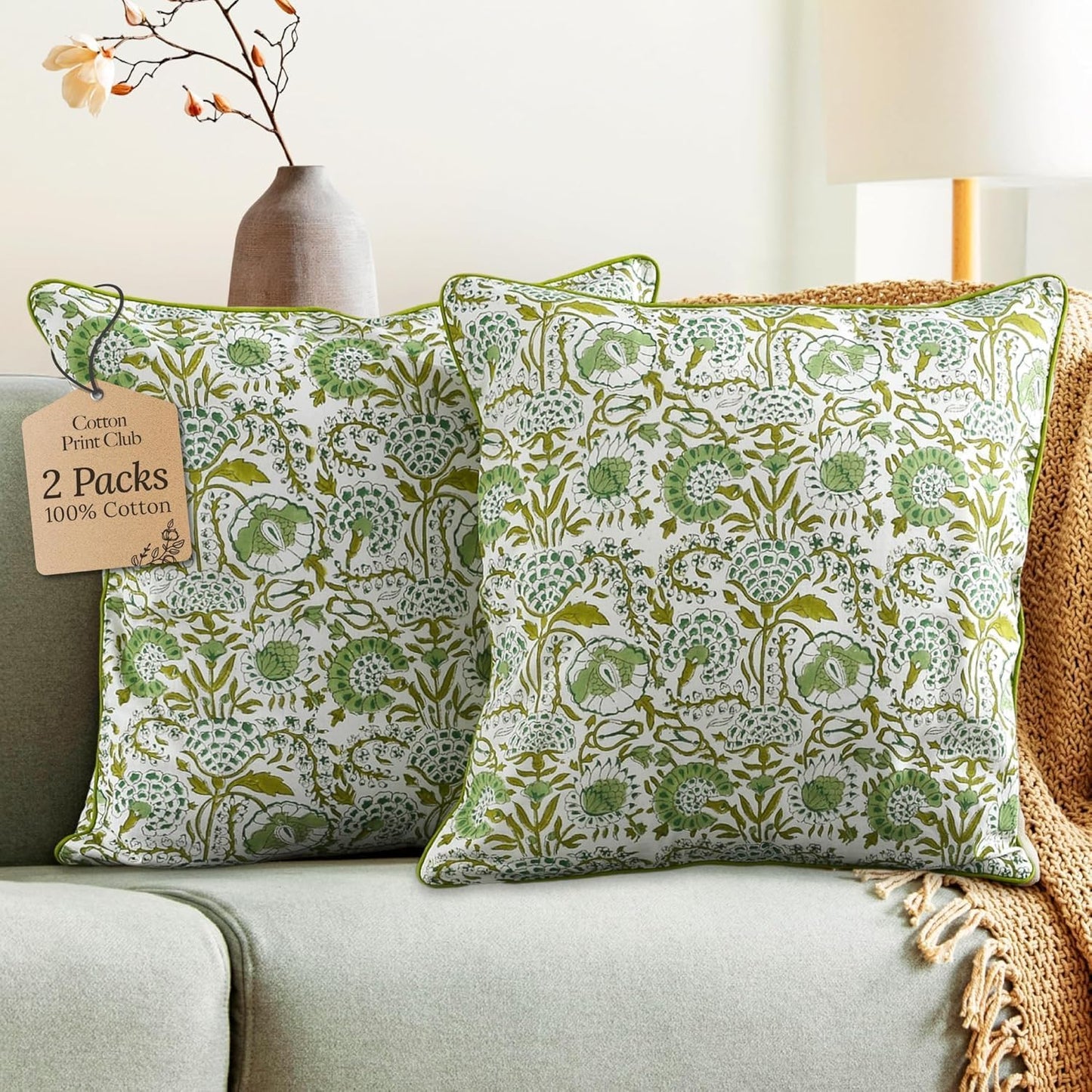 CPC 100% Cotton Throw Pillow Covers 18x18 Inch, Set of 2 Green Block Print Pattern Couch Pillow, Cute Boho Decorative Pillows for Living Room, Bedroom with Hidden Zipper- Agate Green