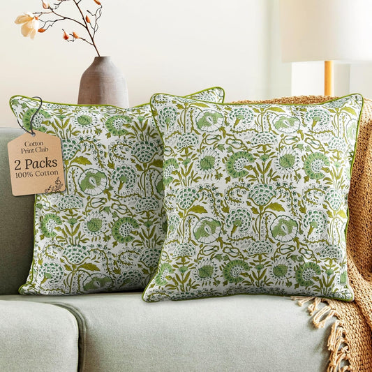 CPC 100% Cotton Throw Pillow Covers 18x18 Inch, Set of 2 Green Block Print Pattern Couch Pillow, Cute Boho Decorative Pillows for Living Room, Bedroom with Hidden Zipper- Agate Green