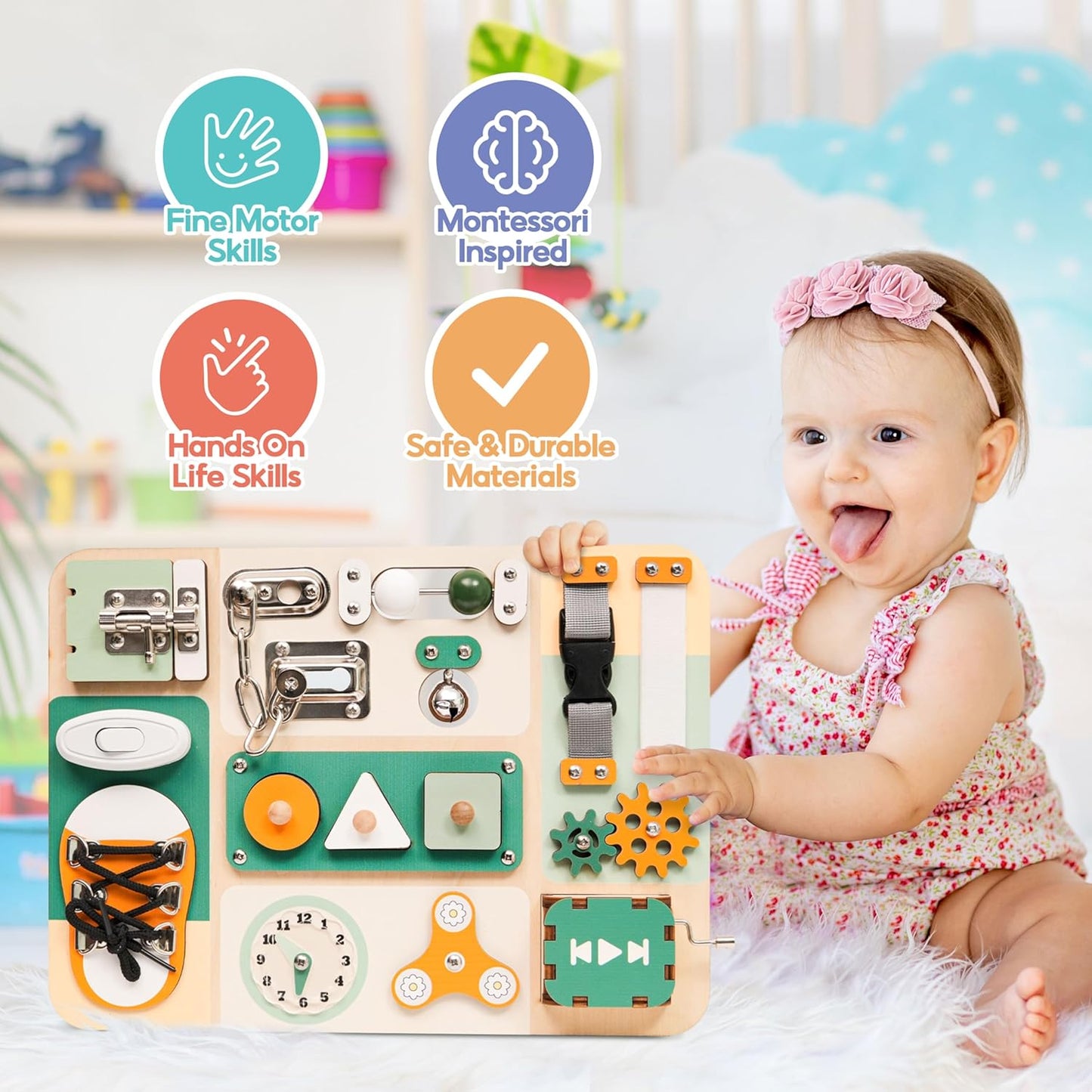 Montessori Busy Board for Baby & Toddlers 1-3 - Wooden Sensory Activity Board with 13 Activities, Real Metal Locks & Latches - Fine Motor Skills Educational Toy for 1 2 3 Year Old - Travel Friendly