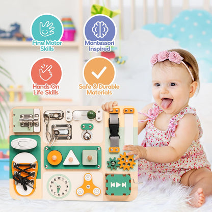 Montessori Busy Board for Baby & Toddlers 1-3 - Wooden Sensory Activity Board with 13 Activities, Real Metal Locks & Latches - Fine Motor Skills Educational Toy for 1 2 3 Year Old - Travel Friendly