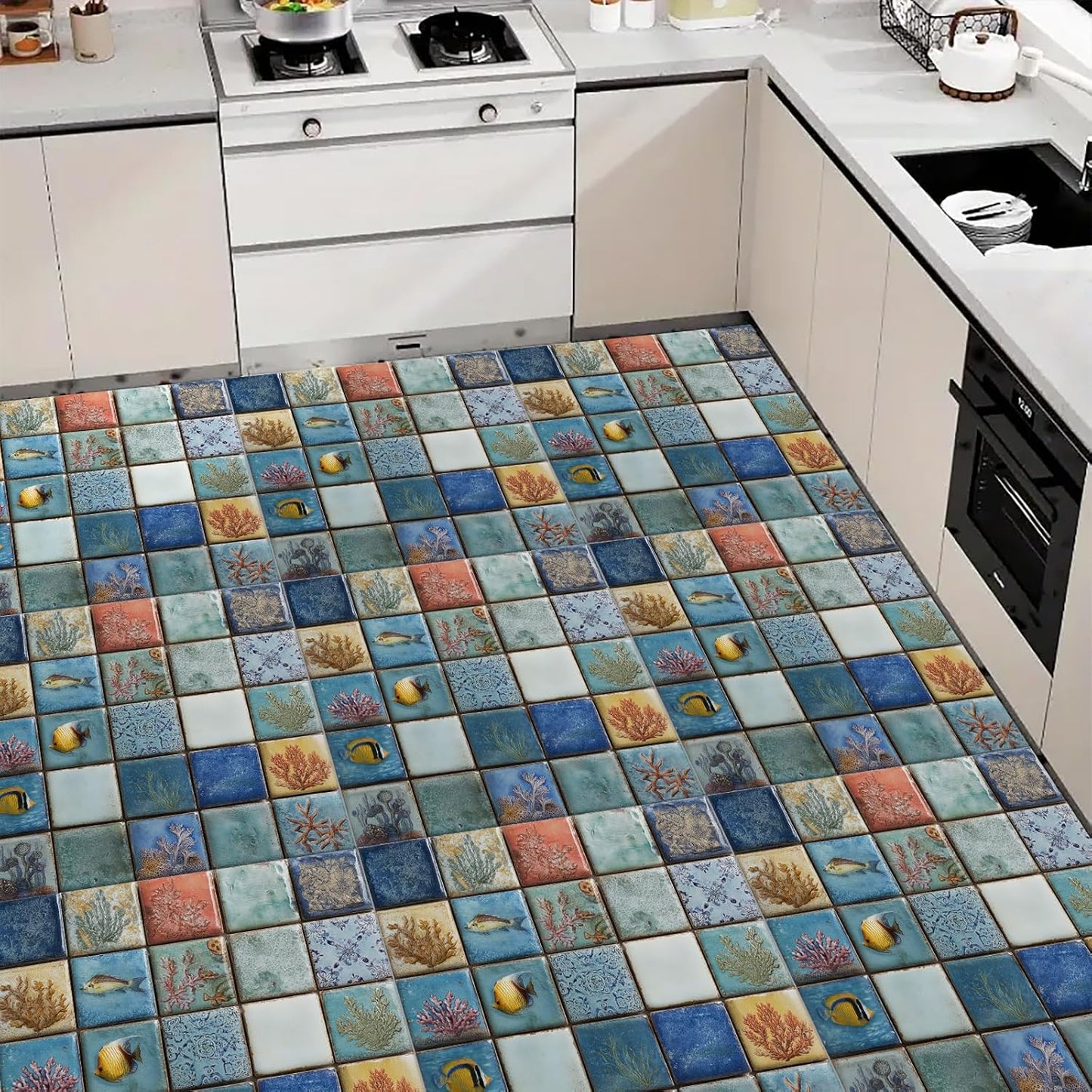 Wall Tiles Peel and Stick 12x12 Inch Ocean Coral Fish Pattern Vinyl Stickers Self Adhesive Tiles for Kitchen Bathroom Shower Laundry Room Aquarium Theme Home Renovation DIY Decor