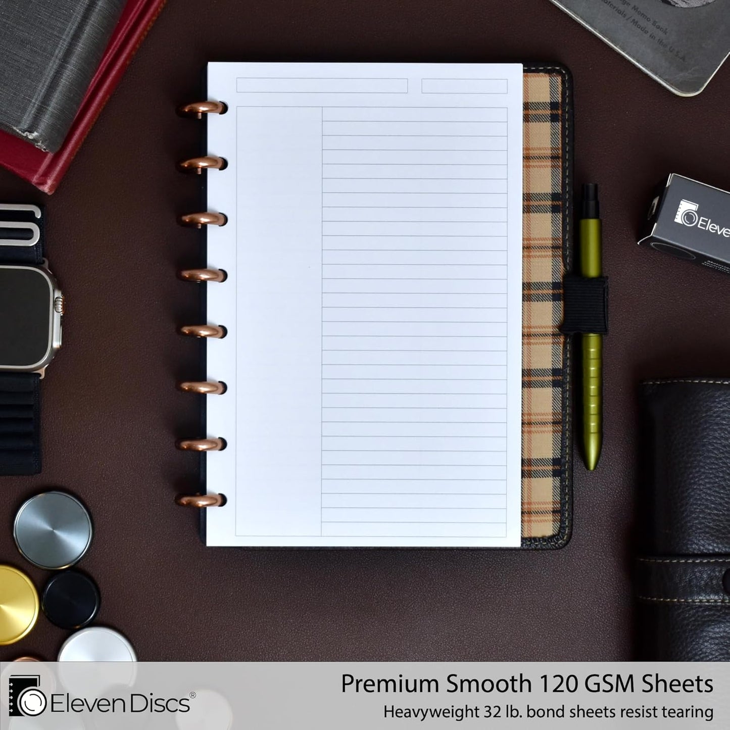 Eleven Discs Discbound Paper, Junior Size Mileage Log Sheets - Premium 120gsm Heavyweight Notebook & Planner Refills - 8 Discs, 5.5 x 8.5 in - Punched for Circa, Arc, TUL (50 Sheets)