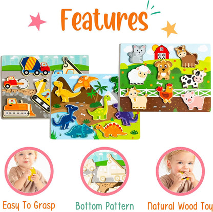 Klevly Large 3 Pk Wooden Toddler Puzzles Ages 2-4 | Wooden Puzzles for Toddlers 1-3 | Montessori Toys for 2 Year Old | Toddler Toys Age 2-4 | Educational | STEM