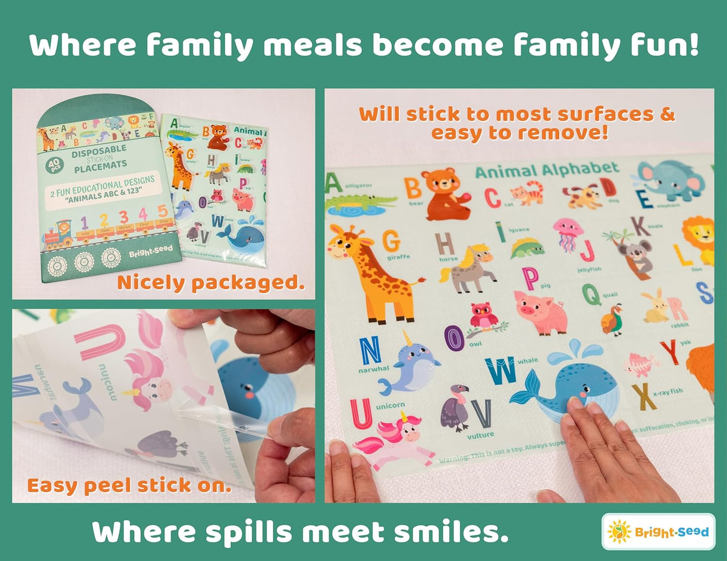 Bright Seed Disposable Placemats for Baby, Toddlers and Kids, Animals ABC & Numbers, 40 Disposable Baby mats for Restaurant, Dining Table & Travel, Learning Placemats for Kids, Toddler Travel