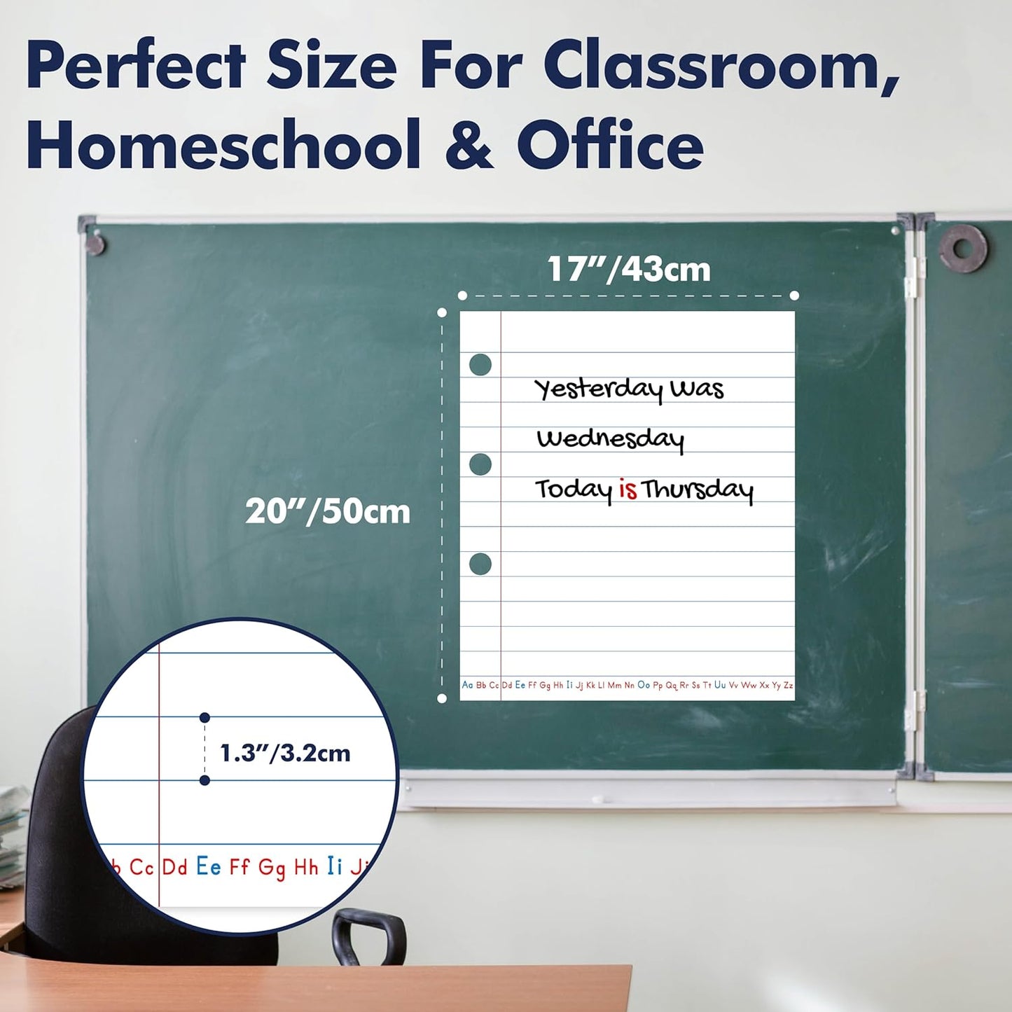 Magnetic Notebook Paper, Erasable & Writable Handwriting Lined Paper Dry Erase Writing Strip Learning Tool for Classroom School, Whiteboard, Blackboard, Office Supplies (17” x 20”)