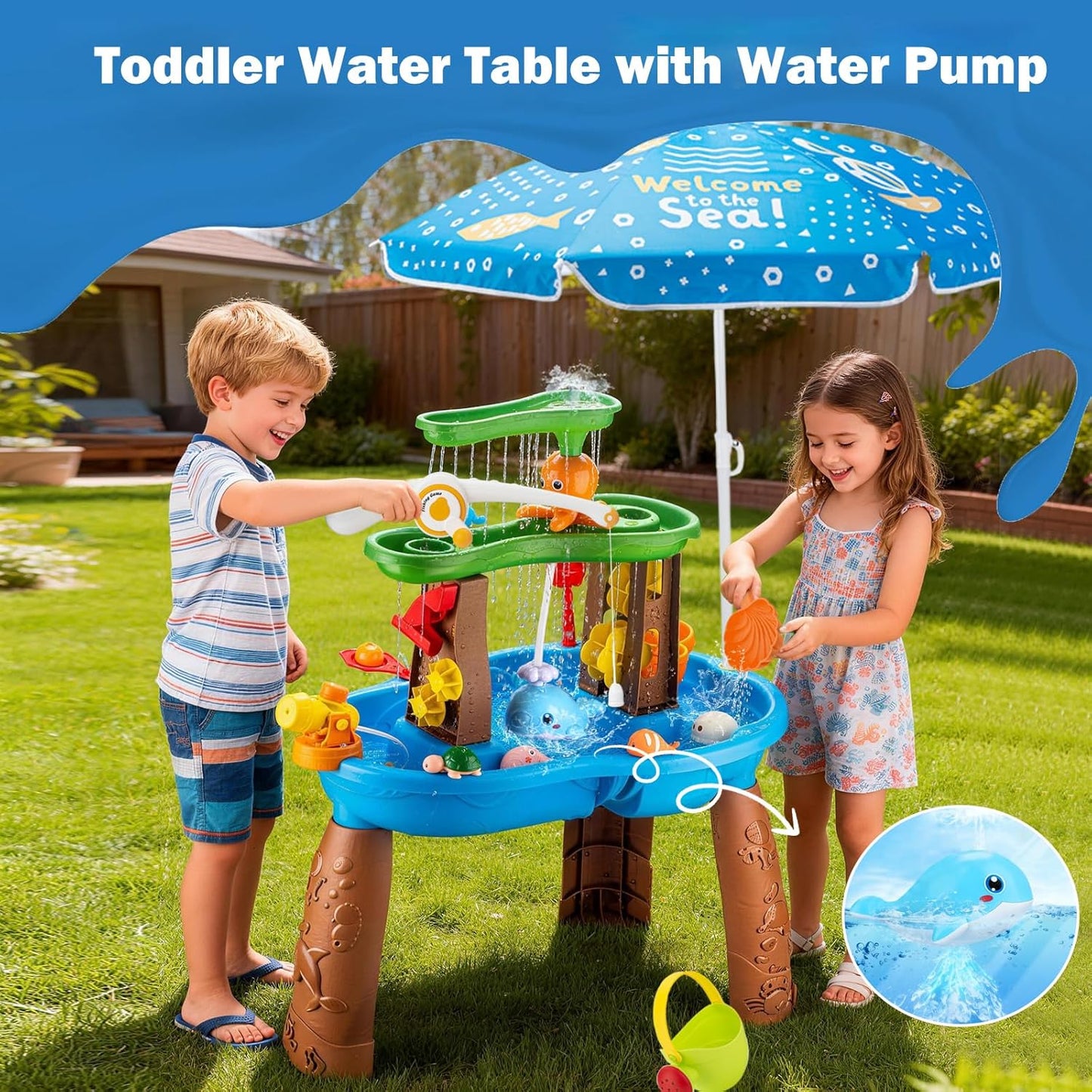 Water Table for Toddlers 3-5 Outdoor Toys for Kids Ages 4-8 3-Tier Kids Sand Water Tables with Fishing Game Set Activity Sensory Table Summer Gift Beach Outside Toys for Toddler Boys