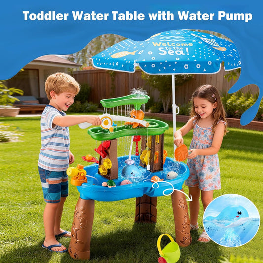 Water Table for Toddlers 3-5 Outdoor Toys for Kids Ages 4-8 3-Tier Kids Sand Water Tables with Fishing Game Set Activity Sensory Table Summer Gift Beach Outside Toys for Toddler Boys