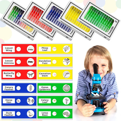Yexiya 120 Pcs Prepared Microscope Slides, 48 Different Patterns Animals Plants Insects Specimens for Kids, Students Biology Science School Lab Microscope Accessories