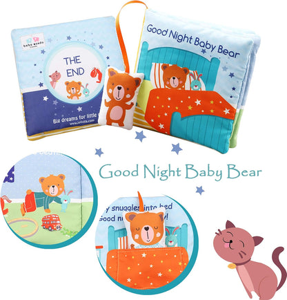 Bebe Mondo Teddy Bear Tummy Time Toy with Mirror, Soft Baby Book for 0-3-6-12 Months, Infant Sensory Developmental Toy, Shower Baby Gifts,Activity Quiet Cloth Book for Newborns,1-2 Year Old Book-Night