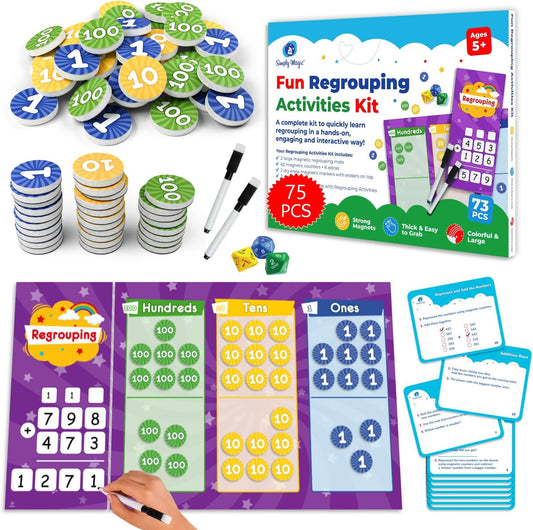 73 PCS Fun Magnetic Regrouping Activities Kit, Place Value Magnets, Magnetic Place Value Chart Mat, Place Value Manipulative 1st 2nd 3rd 4th Grade, Place Value Disks Chips, Base 10 Math - Simply Magic
