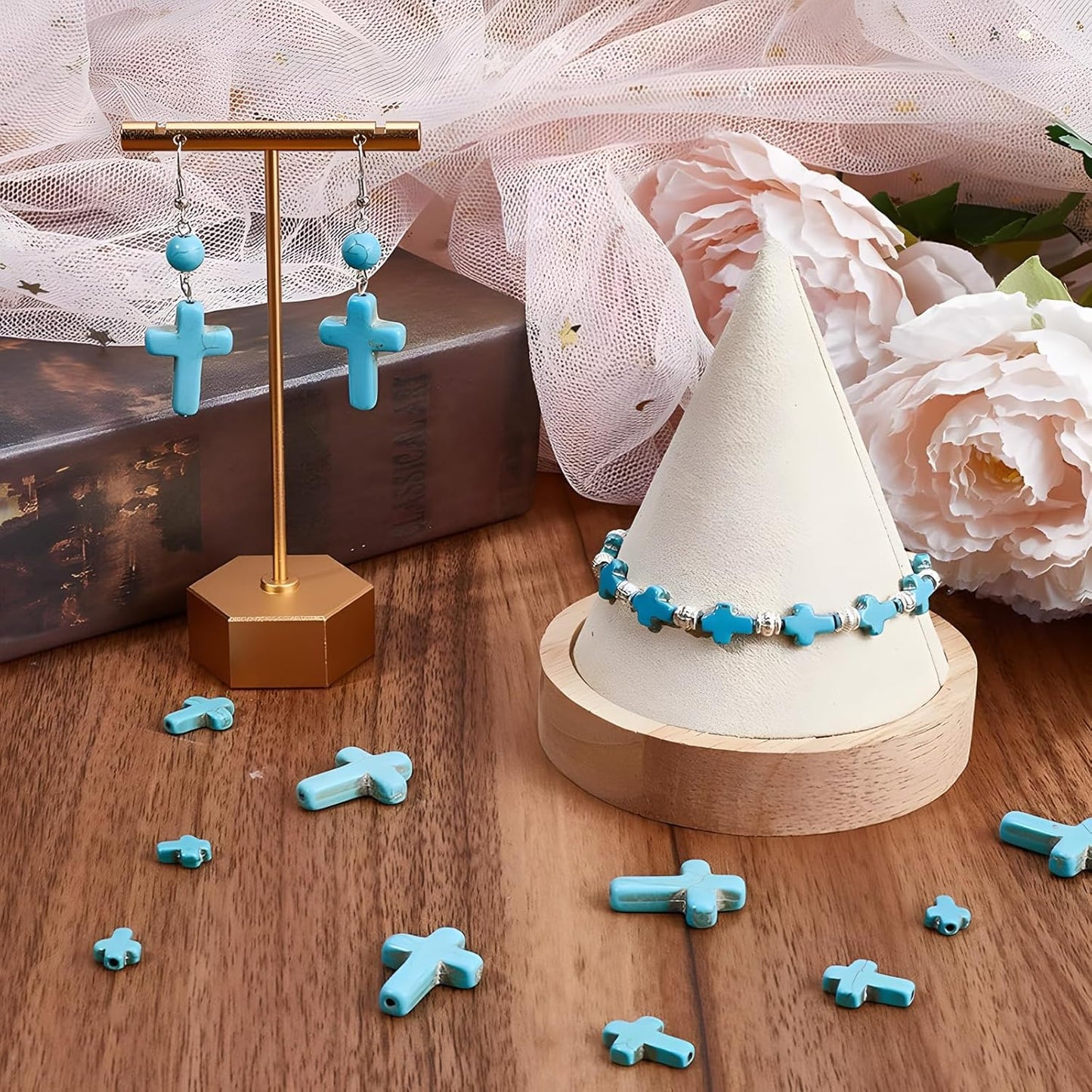 100pcs Blue and White Turquoise Cross Spacer Beads 8x10mm Semi Precious Stone Bead Easter Cross Gemstone Loose Beads for Jewelry Making Charms Beading Bracelets Necklaces Earrings Crafts