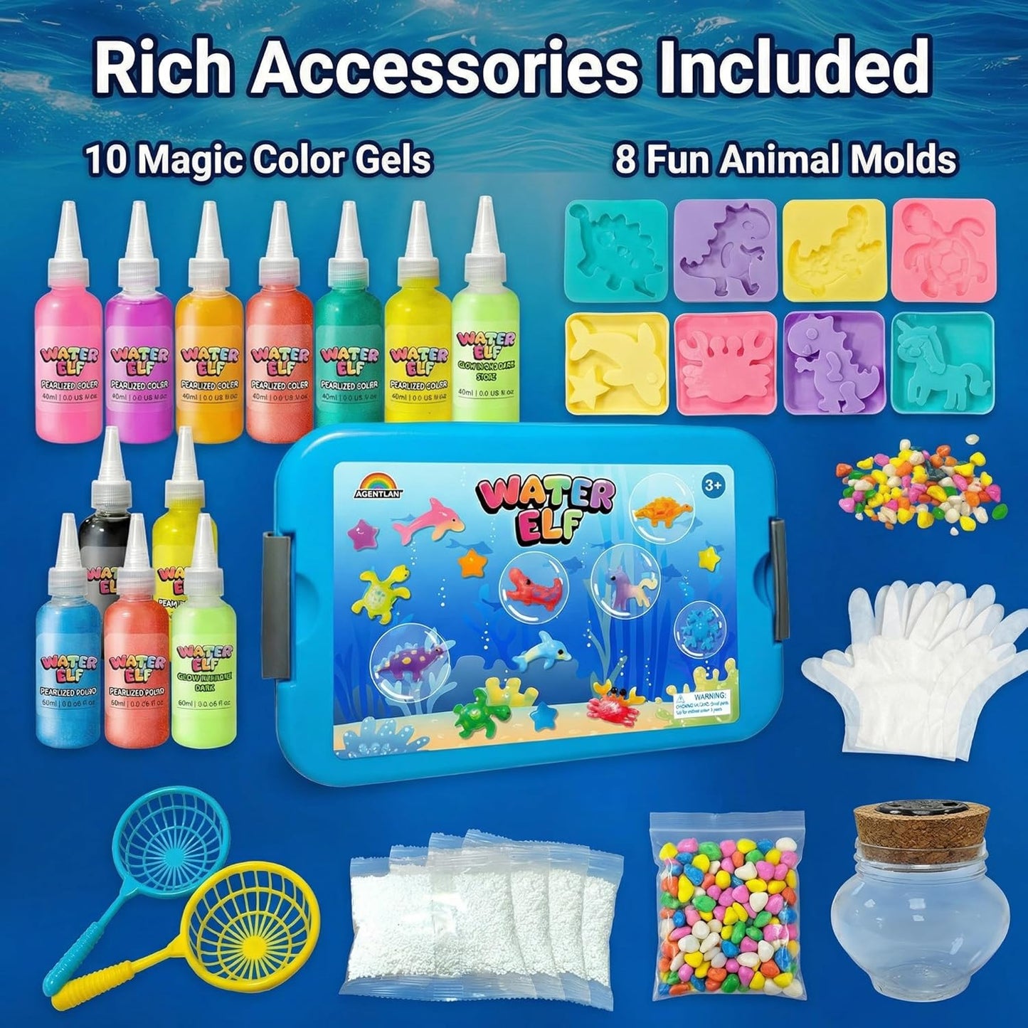 AGENTLAN Magic Water Elf Toy Kit，Aqua Fairy Squishy Making kit with 10 Water gels&8 molds,Magic Jelly elf,Glow in the Dark Water Pets Craft Kits,Sensory Toy Gift Ages 3 4 5 6 7 8 9
