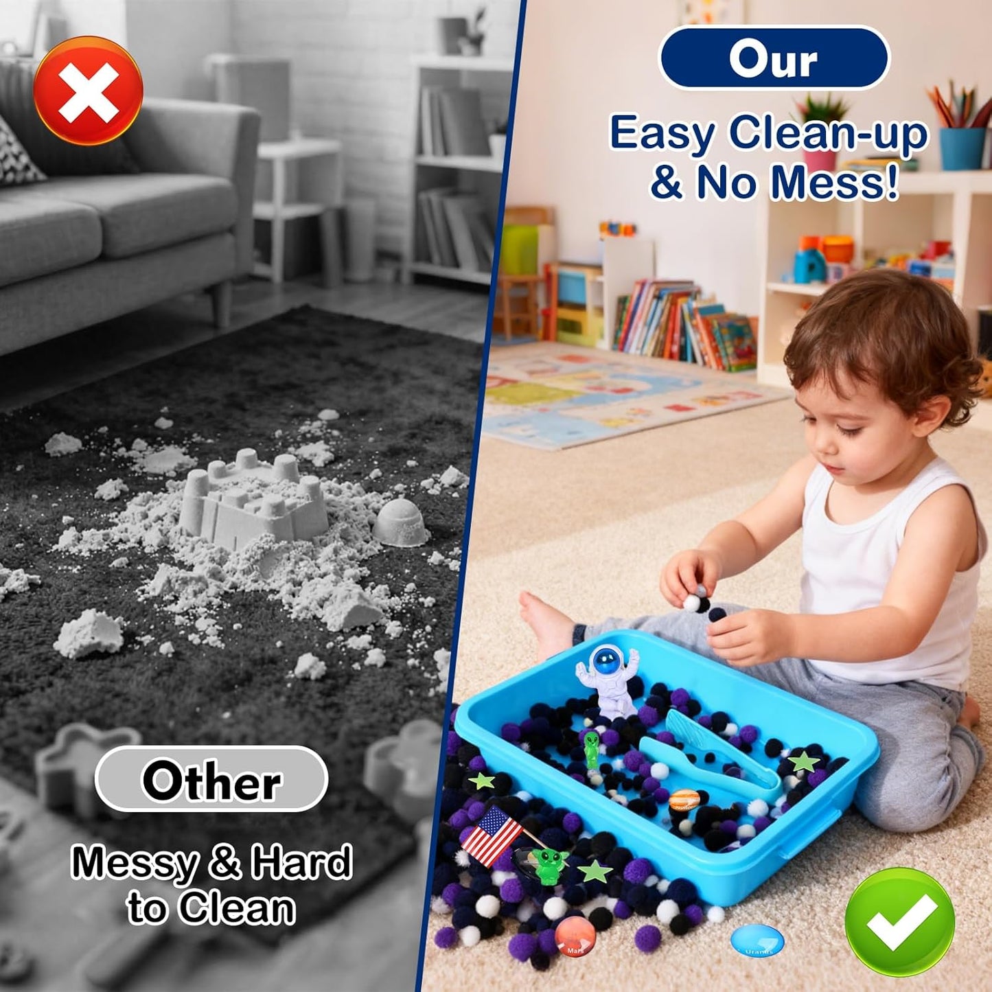 Space Sensory Bin for Toddler, Science Themed with 8 Planets & Star Map, No-Mess Soft Pom Poms for Preschool Learning, Gifts for Boys Girls Age 3 4 5 6+