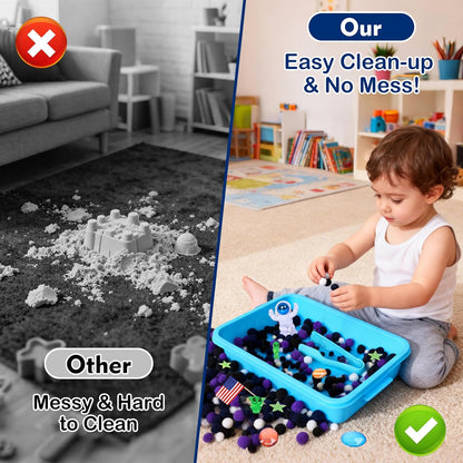 Space Sensory Bin for Toddler, Science Themed with 8 Planets & Star Map, No-Mess Soft Pom Poms for Preschool Learning, Gifts for Boys Girls Age 3 4 5 6+