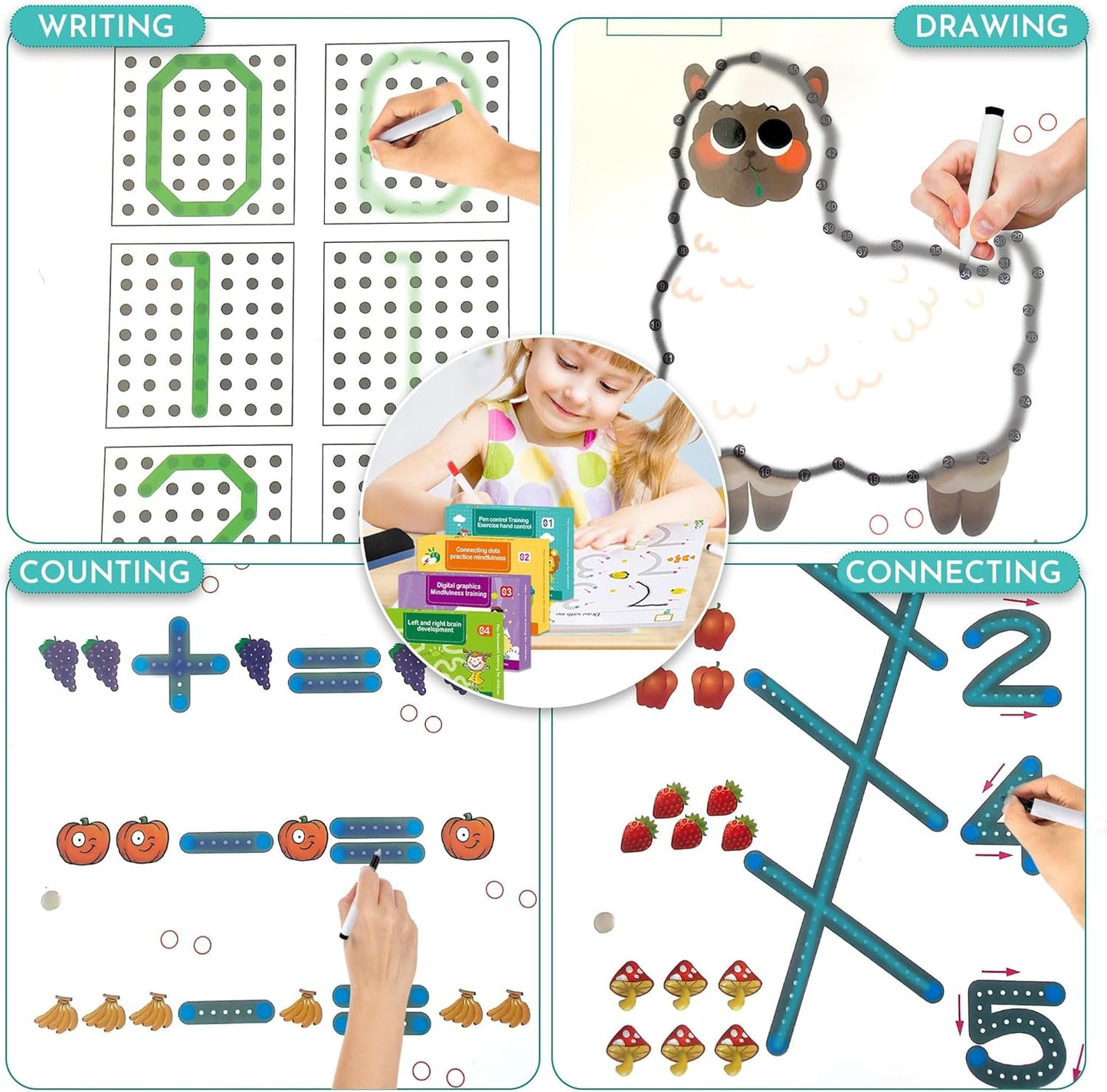 Scribble Smart Workbook, Handwriting Practice Workbook, Reusable Preschool Workbook and Tracing Book, Little Curious Mind Magic Scribble Smart Workbooks for Kid Ages 3-5 (4pcs Set)
