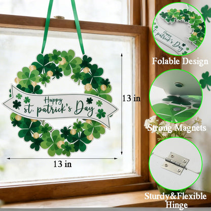 AOMOONOA Lighted St. Patrick’s Day Wreath for Front Door, Battery Operated Shamrock Wreaths with Timer, Wooden Foldable Wreath with Magnetic Word Signs for Irish Holiday Outdoor, Wall Decor