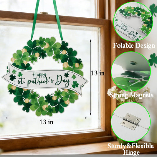 AOMOONOA Lighted St. Patrick’s Day Wreath for Front Door, Battery Operated Shamrock Wreaths with Timer, Wooden Foldable Wreath with Magnetic Word Signs for Irish Holiday Outdoor, Wall Decor